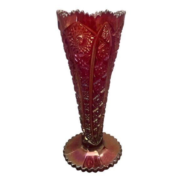 Vintage Imperial Glass Red Carnival Hobstar Iridescent Trumpet Vase - Picture 3 of 6